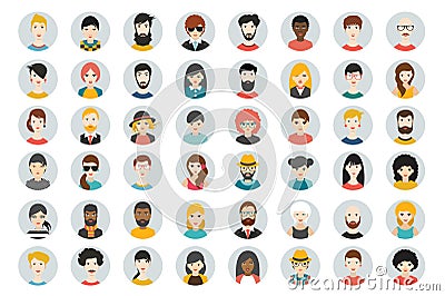 Set of circle persons, avatars, people heads different nationality in flat style. Vector Illustration