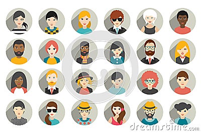 Set of circle persons, avatars, people heads different nationality in flat style. Vector Illustration