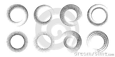 Set circle spiral. Rotate dot frame. Futuristic ring with effect halftone. Border ripple. Abstract faded circle. Semitone dots. Ar Vector Illustration