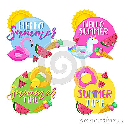 Set of circle summer stickers, badges, labels and tags. Hello summer vector illustration. Vector Illustration