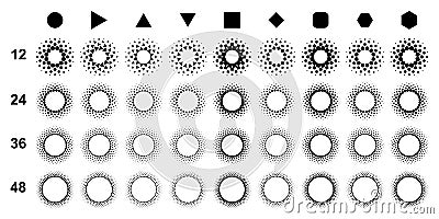 Set of circles with dots, triangles, quadrats and hexagons in halftone effect. Can use as background, logo or icon Vector Illustration