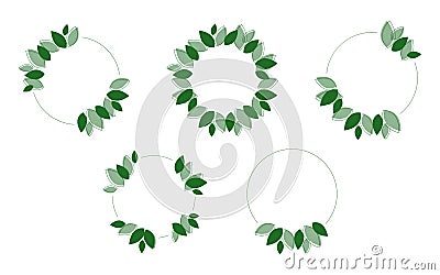 Set of circles floral green frame, five decorative leaf wreaths Vector Illustration