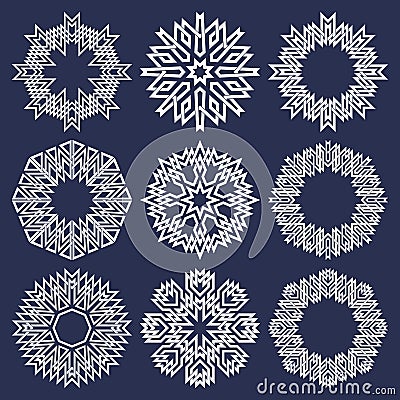 Set of circular patterns in Asian intersecting lines style. Nine white eight pointed mandalas in snowflakes form Vector Illustration