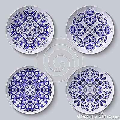 Set of circular plates with lace ornament Vector Illustration