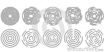 Set of circular ripple icons. Concentric circles with broken lines isolated on white background. Vortex, sonar wave Vector Illustration
