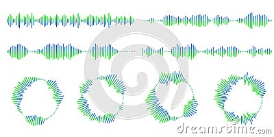 Set of circular ripple icons. Concentric circles with broken lines isolated on white background. Vortex, sonar wave Vector Illustration
