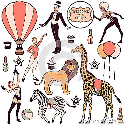 Set of circus elements, people, animals and decorations Vector Illustration