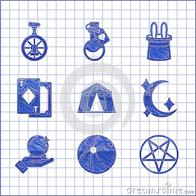 Set Circus tent, Beach ball, Pentagram in circle, Moon and stars, Magic hand, Playing cards, Magician hat rabbit ears Vector Illustration