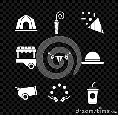 Set Circus tent, Birthday party horn, Festive confetti, Cannon, Juggling ball, Paper glass with water, Fast street food Vector Illustration