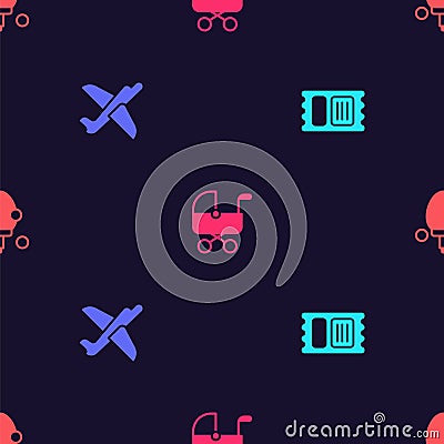 Set Circus ticket, Toy plane, Baby stroller and Racket on seamless pattern. Vector Vector Illustration