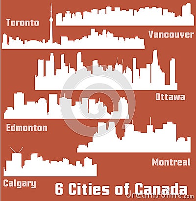 Set of 6 Cities of Canada (Ottawa, Montreal, Toronto, Calgary, Vancouver, Edmonton) Vector Illustration