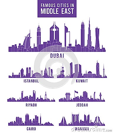 Set of Cities in Middle East Famous Buildings Vector Illustration