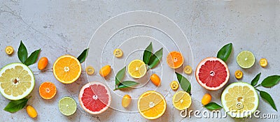 Set of citrus on light background: orange, mandarin, lemon, grapefruit, lime, kumquat, tangerine. Fresh organic juicy fruits. Sour Stock Photo