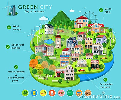 Set of city buildings and houses, eco parks, lakes, farms, wind turbines and solar panels, ecology infographic elements. Vector Illustration