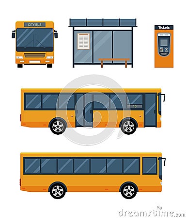 Set of city bus with front and side view, bus stop and ticket machine. Vector Illustration