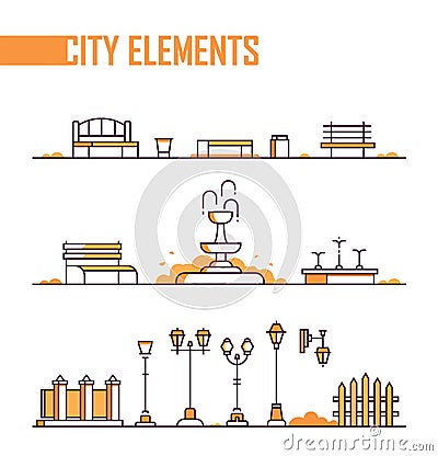 Set of city elements - modern line design style objects Vector Illustration