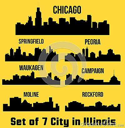 Set of 7 City in Illinois (Chicago, Peoria, Campaign, Waukagen, Rockford, Springfield, Moline) Vector Illustration