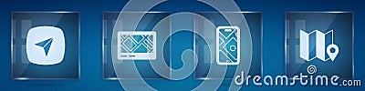 Set City map navigation, Gps device with, and Folded location marker. Square glass panels. Vector Stock Photo