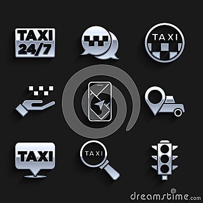 Set City map navigation, Magnifying glass and taxi car, Traffic light, Location with, Hand, Taxi roof and icon. Vector Vector Illustration