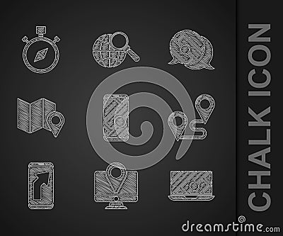 Set City map navigation, Monitor with location marker, Route, Folded, Infographic of city and Compass icon. Vector Stock Photo