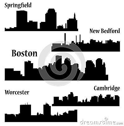 Set of 5 city in Massachusetts ( Boston, Cambridge, Springfield, New Bedford, Worcester ) Vector Illustration