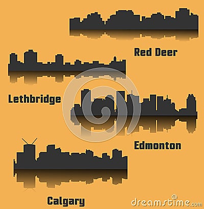 Set of 4 City silhouette in Alberta, Canada ( Calgary, Red Deer, Edmonton, Lethbridge ) Vector Illustration