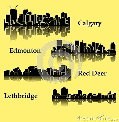Set of 4 City silhouette in Alberta, Canada ( Calgary, Red Deer, Edmonton, Lethbridge ) Vector Illustration