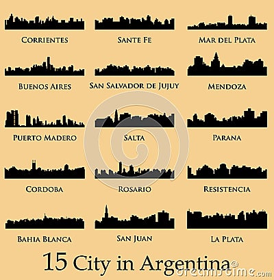 Set of 15 City silhouette in Argentina ( Corrientes, Santa Fe, Buenos Aires, Salta, Parana, Puerto Madero, Mendoza ) Vector Illustration