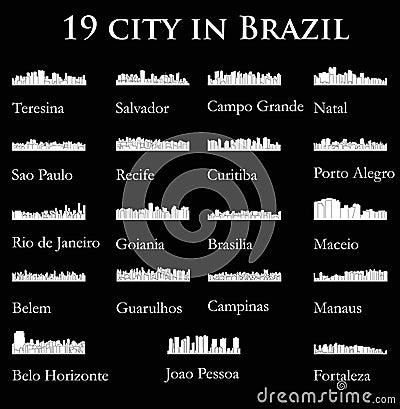 Set of 19 city silhouette in Brazil ( Rio de Janeiro, Salvador, Sao Paulo, Manaus, Belo Horizonte, Campinas, ) Vector Illustration