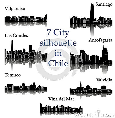 Set of 7 City silhouette in Chile ( Santiago, Vina del Mar, Valvidia, Antofagasta, Las Condes, Valparaiso, Temuco ) Vector Illustration