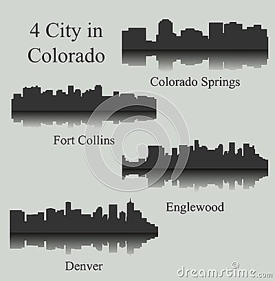 Set of 4 City silhouette in Colorado ( Denver, Colorado Springs, Fort Collins, Englewood ) Vector Illustration