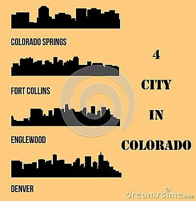 Set of 4 City silhouette in Colorado ( Denver, Colorado Springs, Fort Collins, Englewood ) Vector Illustration