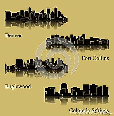 Set of 4 City silhouette in Colorado ( Denver, Colorado Springs, Fort Collins, Englewood ) Vector Illustration