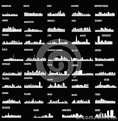 Set of 39 city silhouette in Europe ( London, Berlin, Warsaw, Liverpool, Brussels, Barcelona, Paris, Dusseldorf, ) Vector Illustration