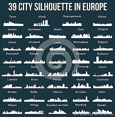 Set of 39 city silhouette in Europe ( London, Berlin, Warsaw, Liverpool, Brussels, Barcelona, Paris, Dusseldorf, ) Vector Illustration