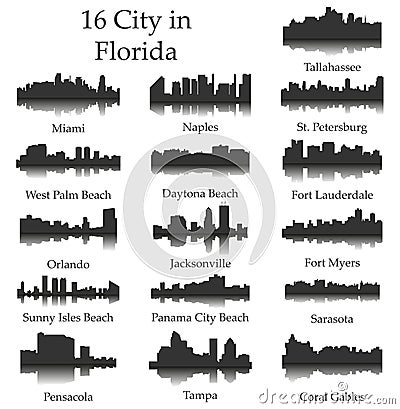 Set of 16 City Silhouette in Florida ( Tallahassee, Miami, Naples, Fort Lauderdale, Orlando, Jacksonville, Pensacola ) Vector Illustration