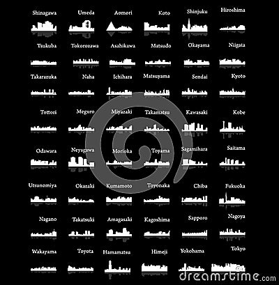 Set of 48 City silhouette in Japan (Tokyo, Hiroshima, Hamamatsu, Fukuoka, Okazaki, Toyota, Kawasaki, Kyoto, Umeda,) Vector Illustration