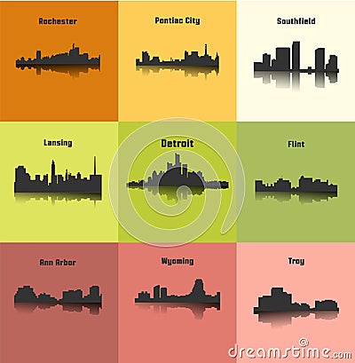 Set of 9 city silhouette in Michigan ( Rochester, Pontiac City, Detroit, Southfield, Lansing, Flint, Troy, Wyoming ) Vector Illustration