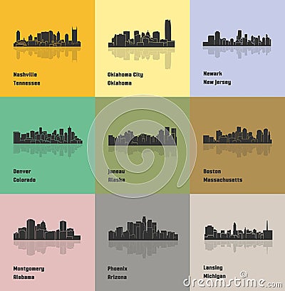 Set of 9 City silhouette (Nashville, Oklahoma City, Newark, Denver, Juneau, Boston, Montgomery, Phoenix, Lansing) Vector Illustration