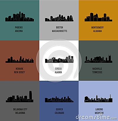 Set of 9 City silhouette (Nashville, Oklahoma City, Newark, Denver, Juneau, Boston, Montgomery, Phoenix, Lansing) Vector Illustration