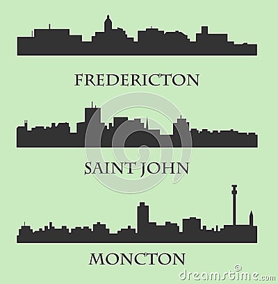 Set of 3 City silhouette in New Brunswick, Canada ( Fredericton, Saint John, Moncton ) Vector Illustration