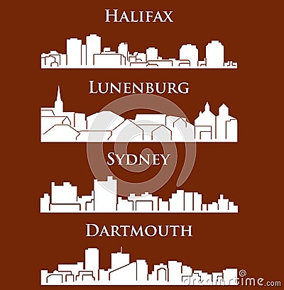 Set of 4 city silhouette in Nova Scotia, Canada ( Halifax, Lunenburg, Sydney, Dartmouth ) Vector Illustration