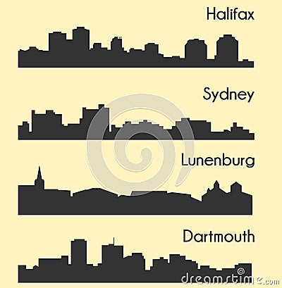 Set of 4 city silhouette in Nova Scotia, Canada ( Halifax, Lunenburg, Sydney, Dartmouth ) Vector Illustration