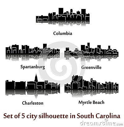 Set of 5 city silhouette in South Carolina ( Charleston, Greenville, Myrtle Beach, Spartanburg, Columbia ) Vector Illustration