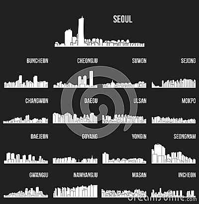 Set of 17 city silhouette in South Korea ( Seoul, Incheon, Changwon, Daegu, Suwon, Namyangju ) Vector Illustration
