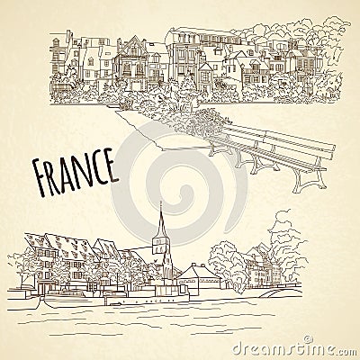 Set of city sketching on vintage background. Honfleur, Vector Illustration