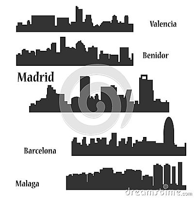 Set of 5 city in Spain (Madrid, Barcelona, Malaga, Benidor, Valencia) Vector Illustration