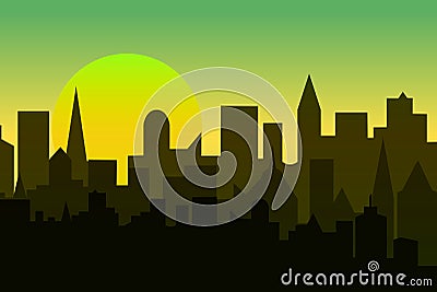 Set of cityscape at dawn. Horizontal banner with metropolis panorama. Cartoon Illustration