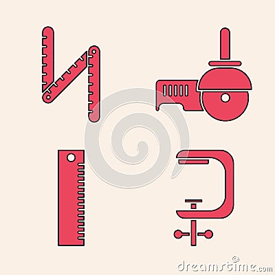 Set Clamp and screw tool, Folding ruler, Angle grinder and Ruler icon. Vector Stock Photo