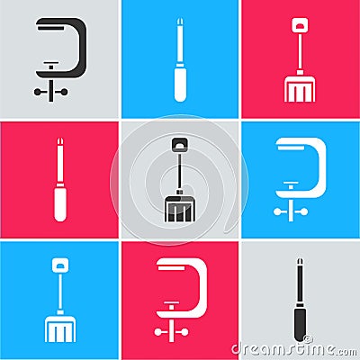 Set Clamp and screw tool, Screwdriver and Snow shovel icon. Vector Vector Illustration